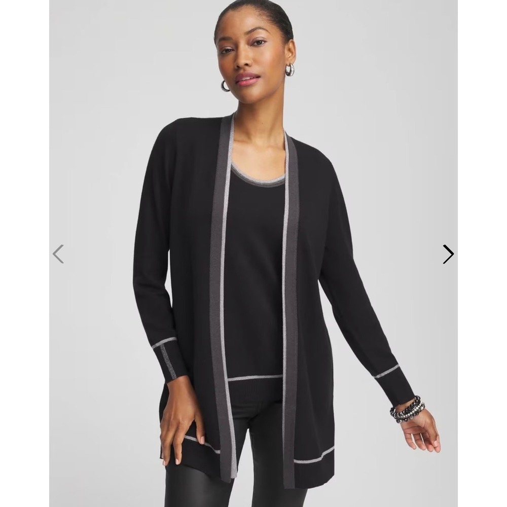 Chico's Size 3 XL Black Long Cardigan Silver Metallic Trim Cashmere Blend